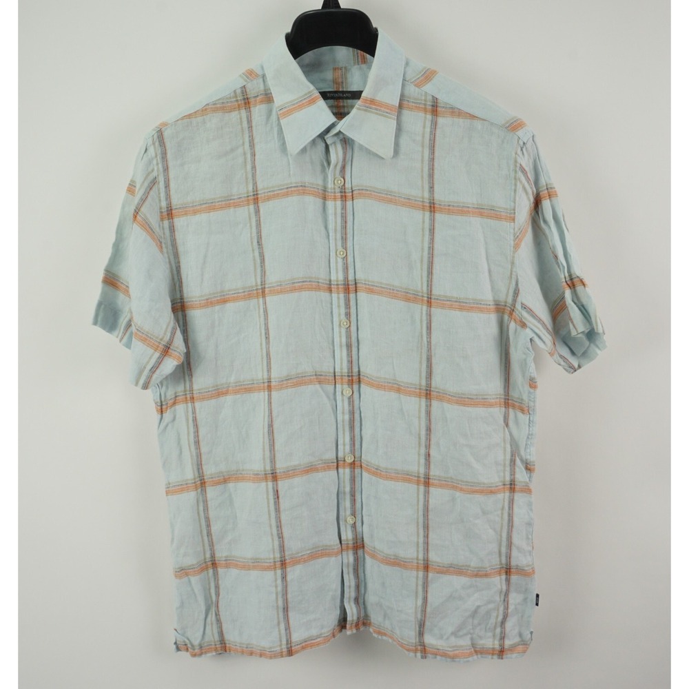 River‎ Island Linen Men's Large Short Sleeve Light Blue Orange Button Up Shirt